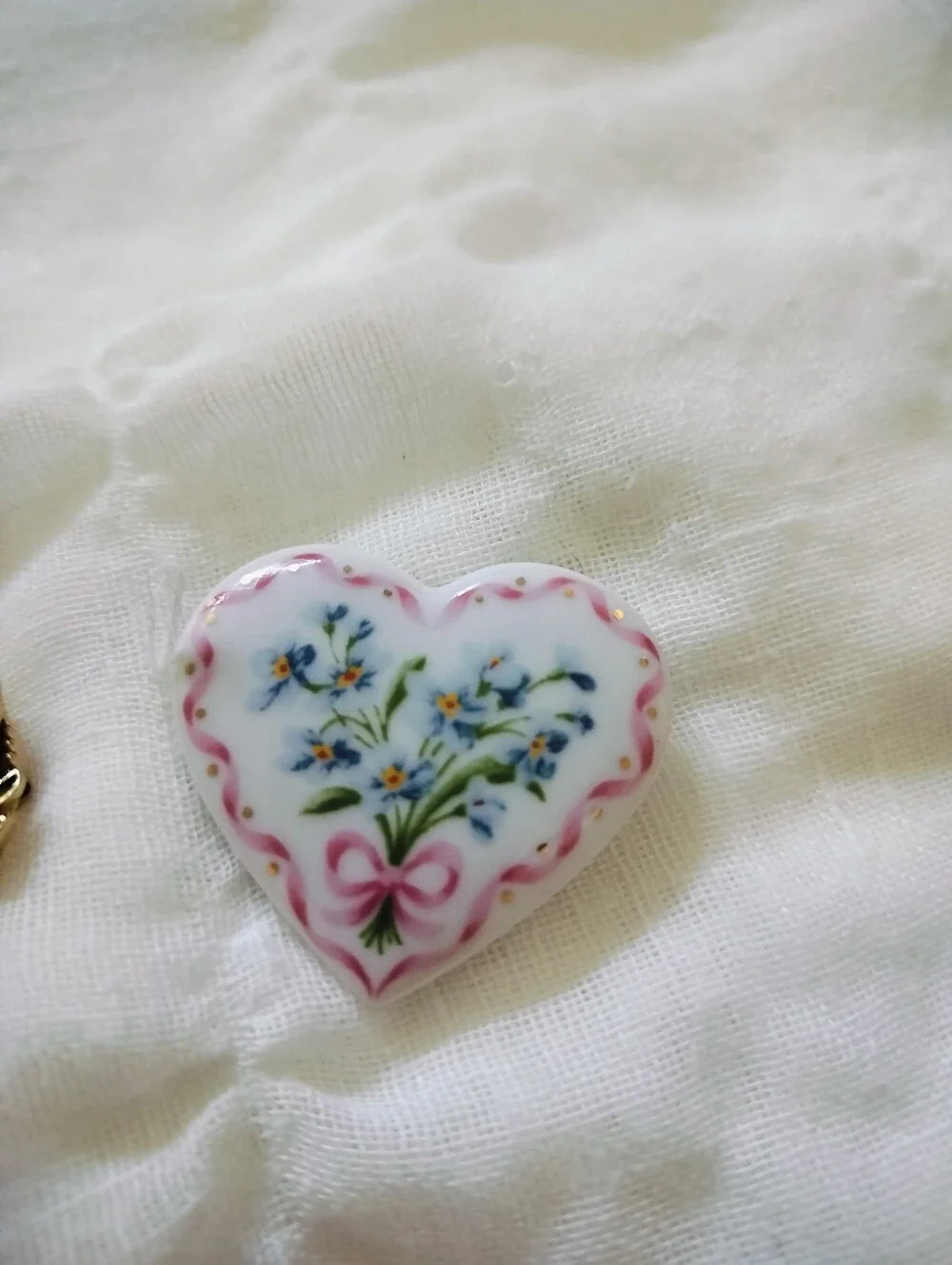 2 Vintage Floral Brooches | Gold-Tone Circle Wreath Pin & Porcelain Heart Pin